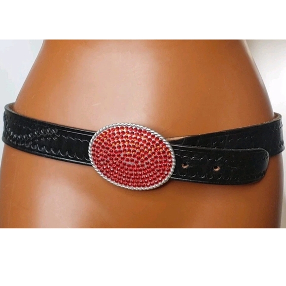 Y2k Black Leather Belt Red Pave Crystal USA Made Bling Buckle Adult 32 30